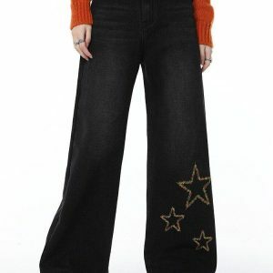 Y2K Fashion Tinsel Stars Wide Leg Jeans - Coquette & Acubi Style