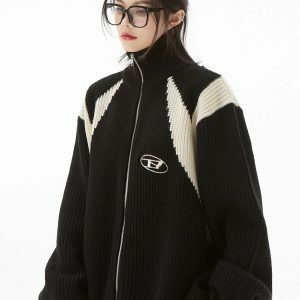 Y2K Fashion Turtleneck Zip-Up Loose Cardigan - Coquette & Acubi Style