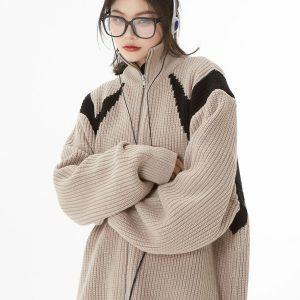 Y2K Fashion Turtleneck Zip-Up Loose Cardigan - Coquette & Acubi Style