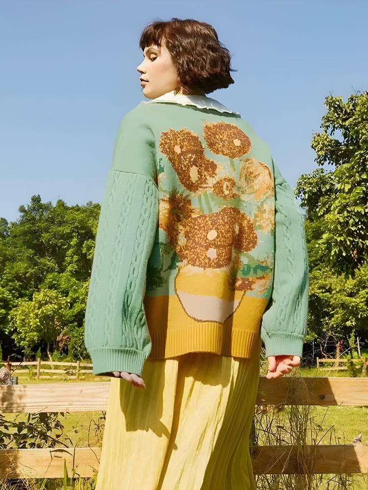 Y2K Fashion Van Gogh Sunflowers Cardigan - Coquette Aesthetic Style