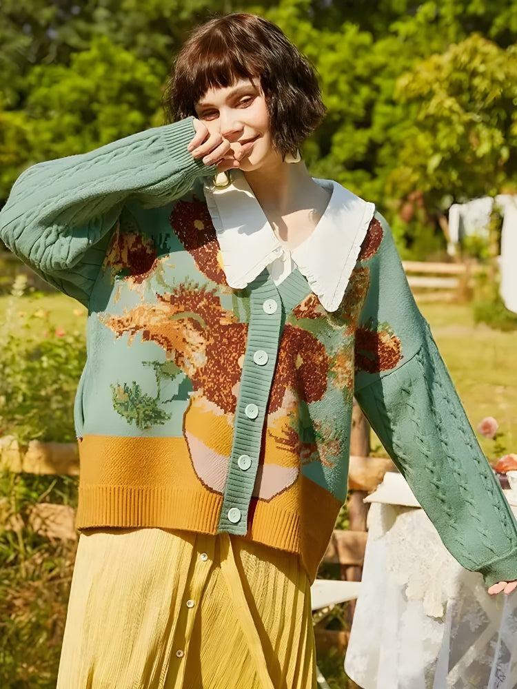 Y2K Fashion Van Gogh Sunflowers Cardigan - Coquette Aesthetic Style