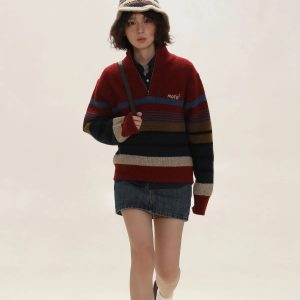 Y2K Fashion Vintage Aesthetic Knitted Zip Sweater for Coquette Style