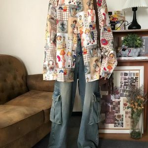 Y2K Fashion Vintage Cartoon Oversized Shirt - Aesthetic Coquette Style