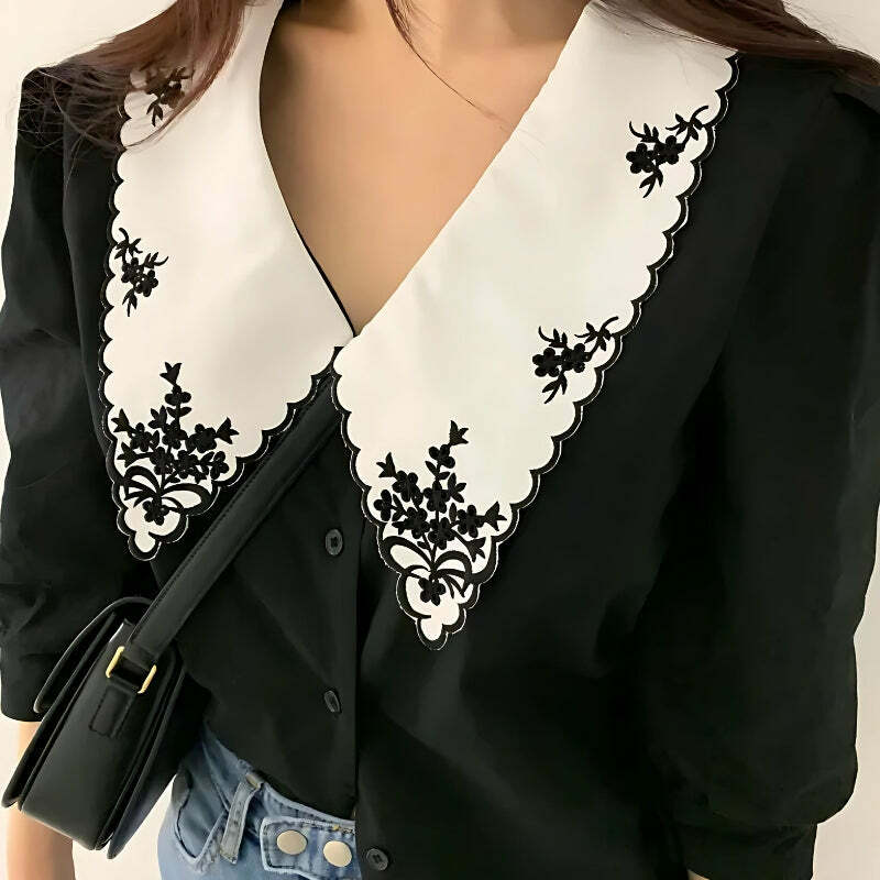 Y2K Fashion Vintage Embroidered Collar Shirt - Coquette Aesthetic Style