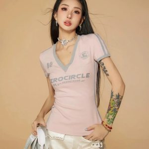 Y2K Fashion Vintage Striped V Neck Jersey Top - Coquette Aesthetic Style