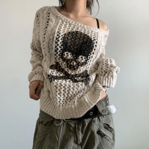 Y2K Fashion White Skeleton Knitted Sweater - Dark Coquette Aesthetic