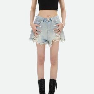 Y2K Fashion Wide Leg Ripped Denim Shorts - Acubi & Coquette Style