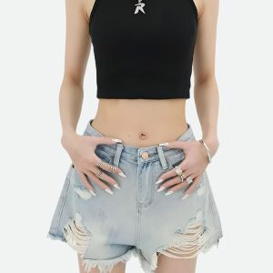 Y2K Fashion Wide Leg Ripped Denim Shorts - Acubi & Coquette Style