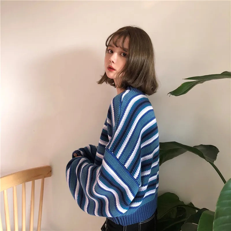 Y2K Fashion Wide Sleeved Striped Knitted Sweater - Coquette Aesthetic