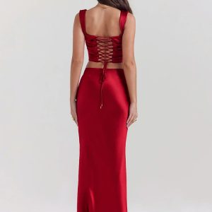 Y2K Fashion Wine Satin Corset Top & Maxi Skirt Set | Coquette Style