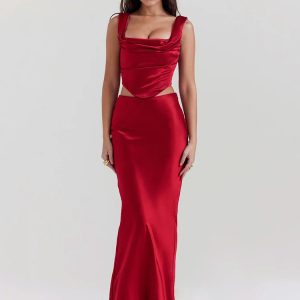 Y2K Fashion Wine Satin Corset Top & Maxi Skirt Set | Coquette Style