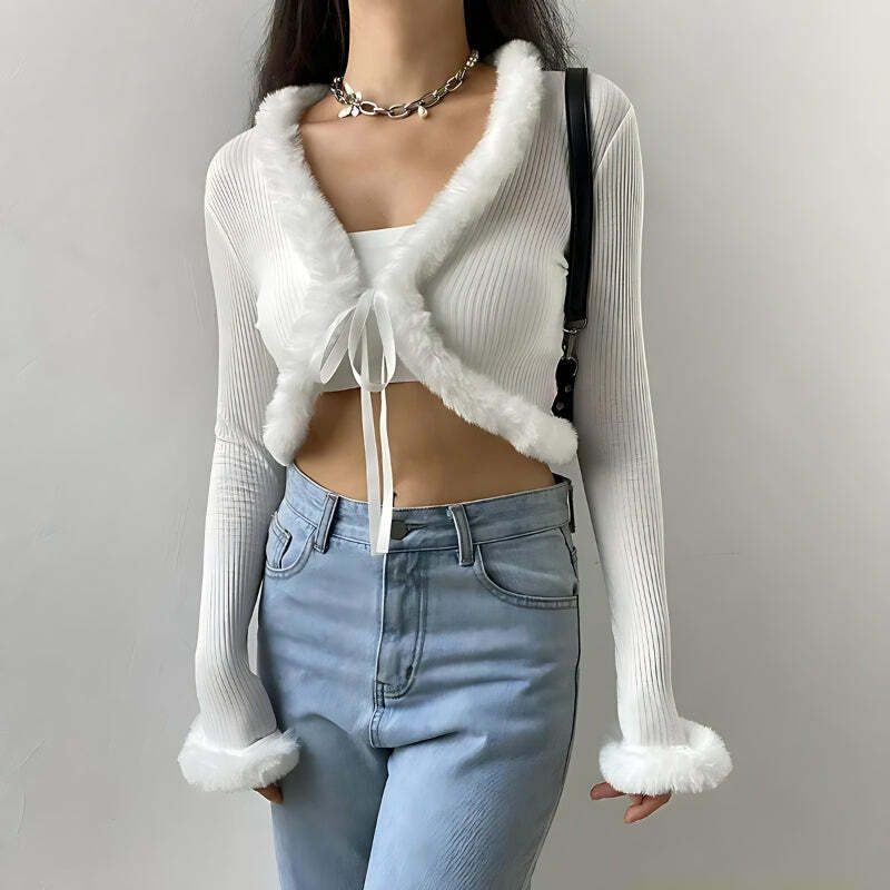 Y2K Faux Fur Corduroy Crop Cardigan - Coquette & Acubi Aesthetic Style