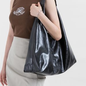 Y2K Faux Patent Leather Hobo Bag - Coquette Style for Aesthetic Outfits