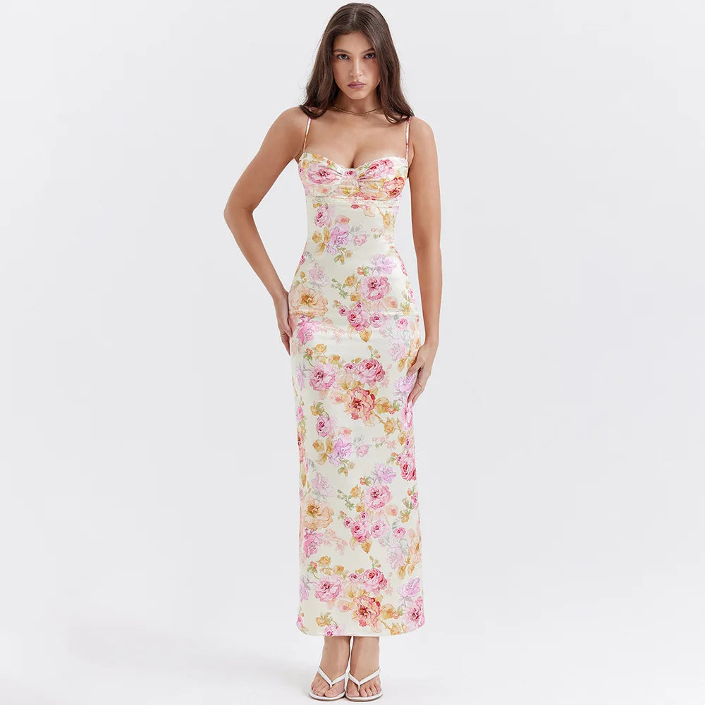 Y2K Floral Satin Pencil Maxi Dress | Coquette & Acubi Style Outfit