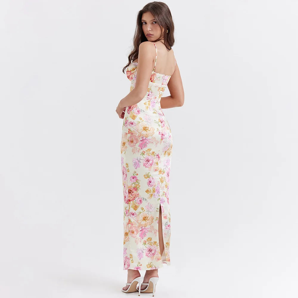 Y2K Floral Satin Pencil Maxi Dress | Coquette & Acubi Style Outfit