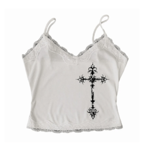 Y2K Grunge Cross Crop Top - Dark Coquette Aesthetic Clothing