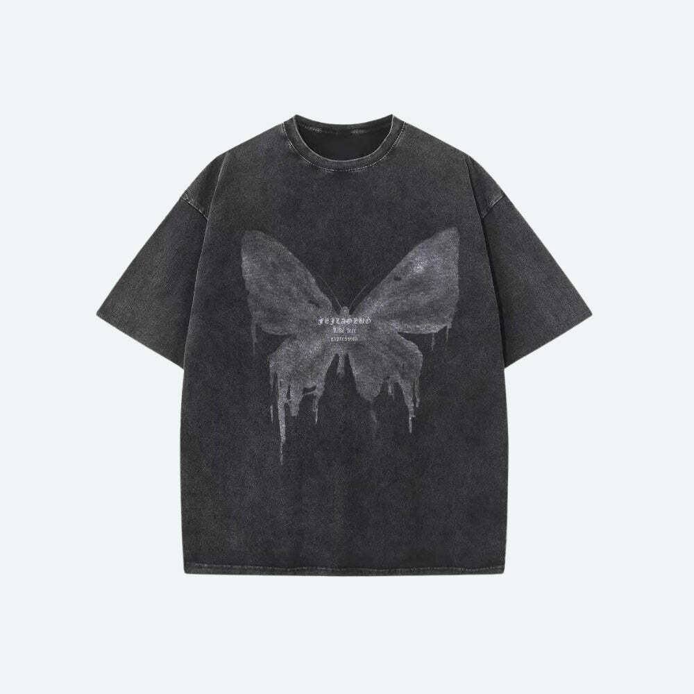 Y2K Grunge Distressed Butterfly Tee - Aesthetic Coquette Style Top