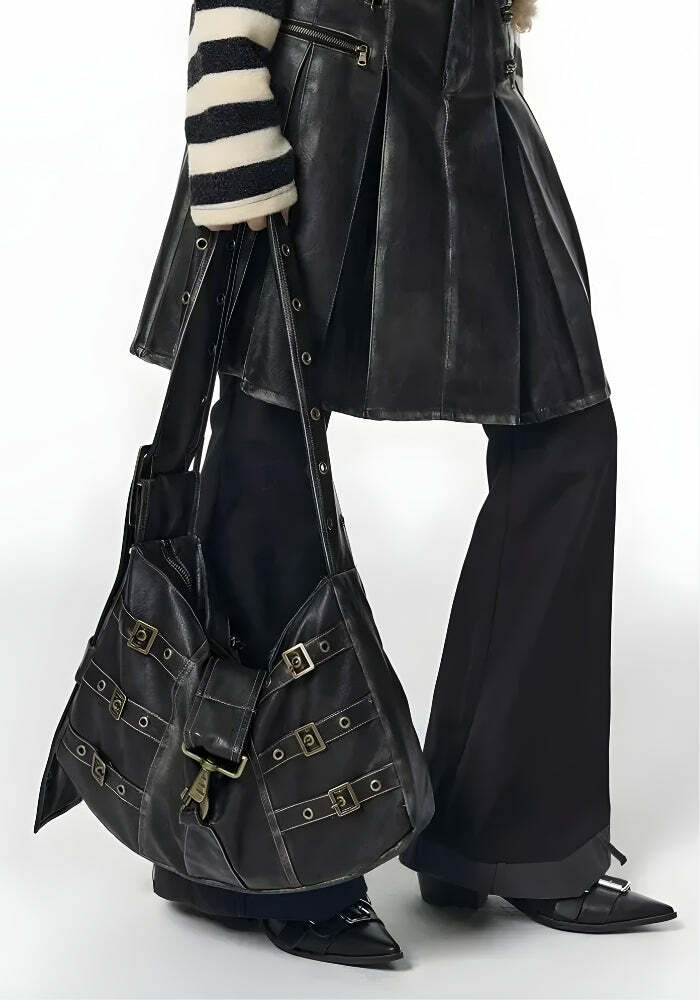 Y2K Grunge Faux Leather Belted Bag for Coquette and Acubi Styles