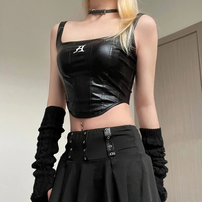 Y2K Grunge Faux Leather Crop Corset Top - Coquette Aesthetic Fashion