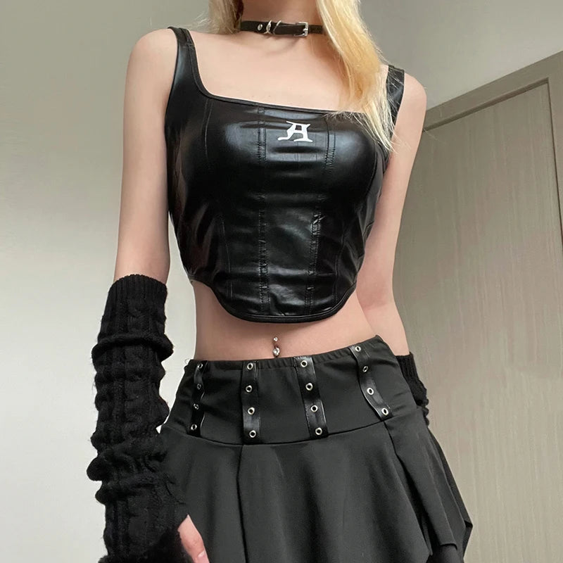 Y2K Grunge Faux Leather Crop Corset Top - Coquette Aesthetic Fashion