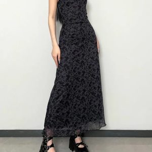 Y2K Grunge Floral Maxi Dress - Coquette Style with Soft Aesthetic Touch