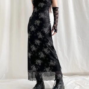 Y2K Grunge Floral Mesh Midi Dress - Coquette Aesthetic Outfit