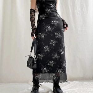 Y2K Grunge Floral Mesh Midi Dress - Coquette Aesthetic Outfit