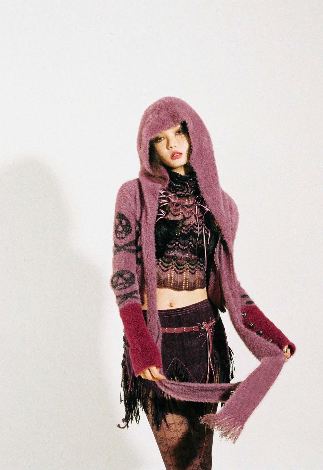 Y2K Grunge Gothic Skull Hooded Cardigan - Dark Coquette Aesthetic Wear