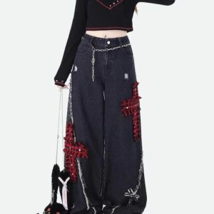 Y2K Grunge Plaid Cross Patch Jeans - Acubi Style Aesthetic Clothing