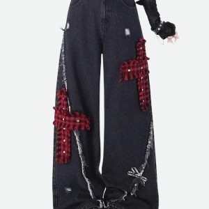 Y2K Grunge Plaid Cross Patch Jeans - Acubi Style Aesthetic Clothing