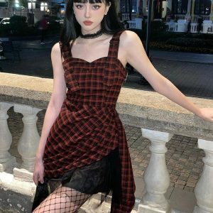 Y2K Grunge Plaid Mini Dress - Dark Coquette Aesthetic Outfit