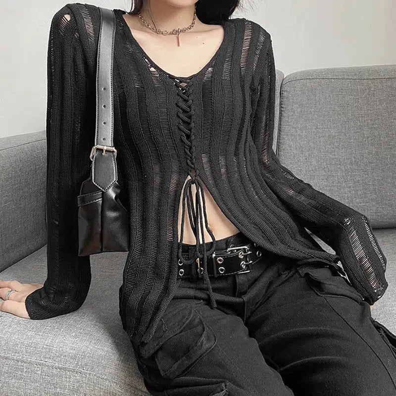 Y2K Grunge Sheer Lace-Up Knitted Top | Acubi & Coquette Aesthetic