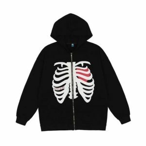 Y2K Grunge Skull Hoodie - Dark Coquette Aesthetic for Unique Style