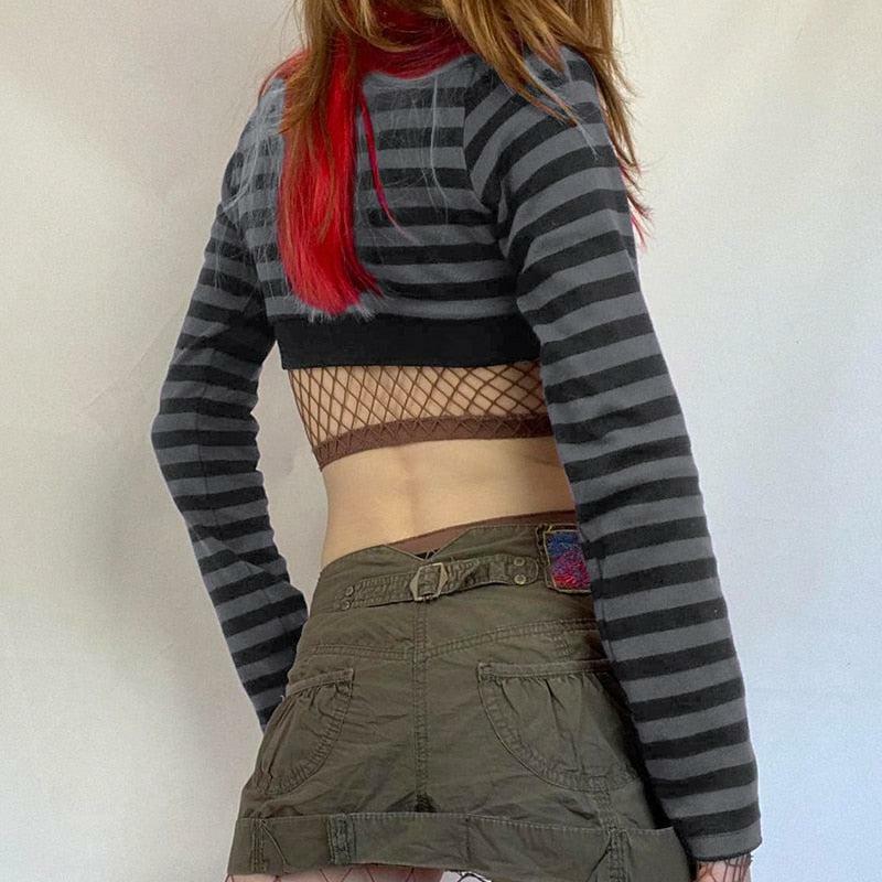 Y2K Grunge Striped Button-Up Crop Top | Acubi & Coquette Style