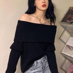 Y2K Off Shoulder Knitted Sweater - Coquette & Acubi Aesthetic Fashion