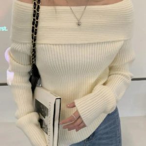 Y2K Off Shoulder Knitted Sweater - Coquette & Acubi Aesthetic Fashion