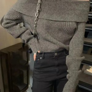 Y2K Off Shoulder Knitted Sweater - Coquette & Acubi Aesthetic Fashion