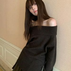 Y2K Off Shoulder Sweater - Dark Coquette Aesthetic & Acubi Style