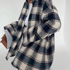 Y2K Oversized Plaid Shirt - Coquette Style for Aesthetic Outfits