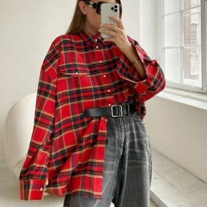 Y2K Oversized Plaid Shirt - Coquette Style for Aesthetic Outfits