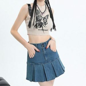 Y2K Pleated Denim Mini Skort - Acubi & Coquette Aesthetic Fashion