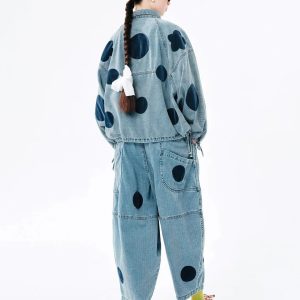 Y2K Polka Dot Denim Jacket - Acubi Style Coquette Fashion Statement