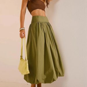 Y2K Ruched Bubble Hem Midi Skirt - Coquette & Acubi Aesthetic Fashion