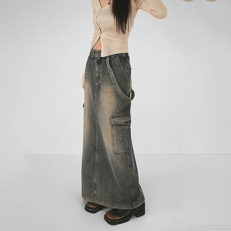 Y2K Side Strap Cargo Maxi Skirt - Dark Coquette Aesthetic Fashion Piece