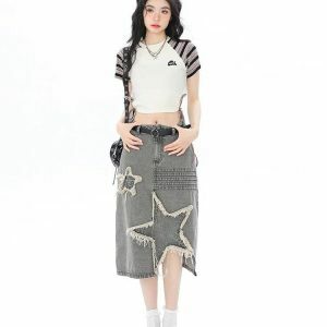 Y2K Star Patchwork Midi Skirt | Acubi Fashion & Coquette Style