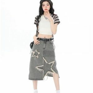 Y2K Star Patchwork Midi Skirt | Acubi Fashion & Coquette Style