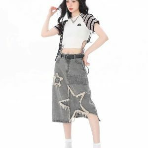 Y2K Star Patchwork Midi Skirt | Acubi Fashion & Coquette Style