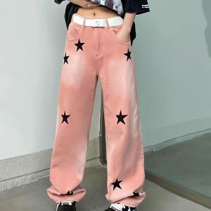 Y2K Star Printed Jeans - Acubi Fashion, Coquette Style, Aesthetic Vibes