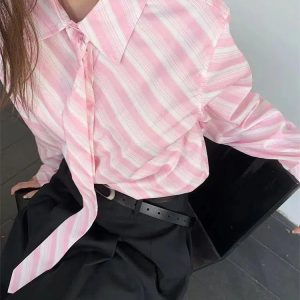 Y2K Striped Button-Up Shirt with Matching Tie - Acubi Coquette Style