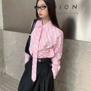 Y2K Striped Button-Up Shirt with Matching Tie - Acubi Coquette Style